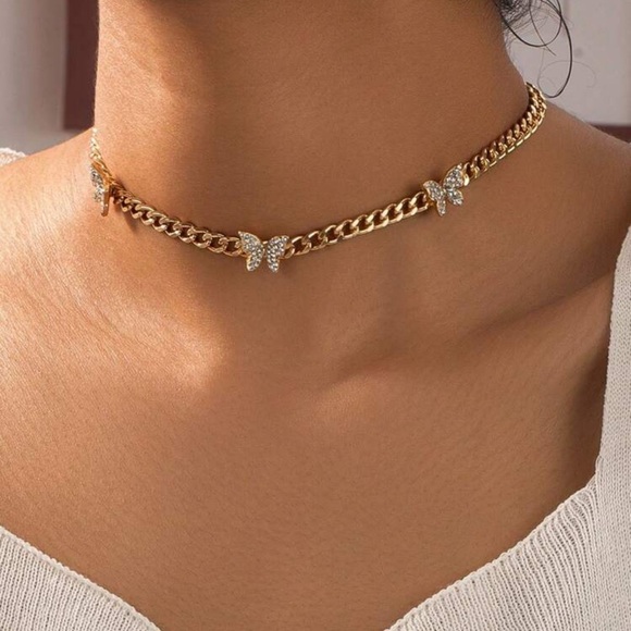 Gold Rhinestone Butterfly Chain Choker Necklace - Picture 1 of 2
